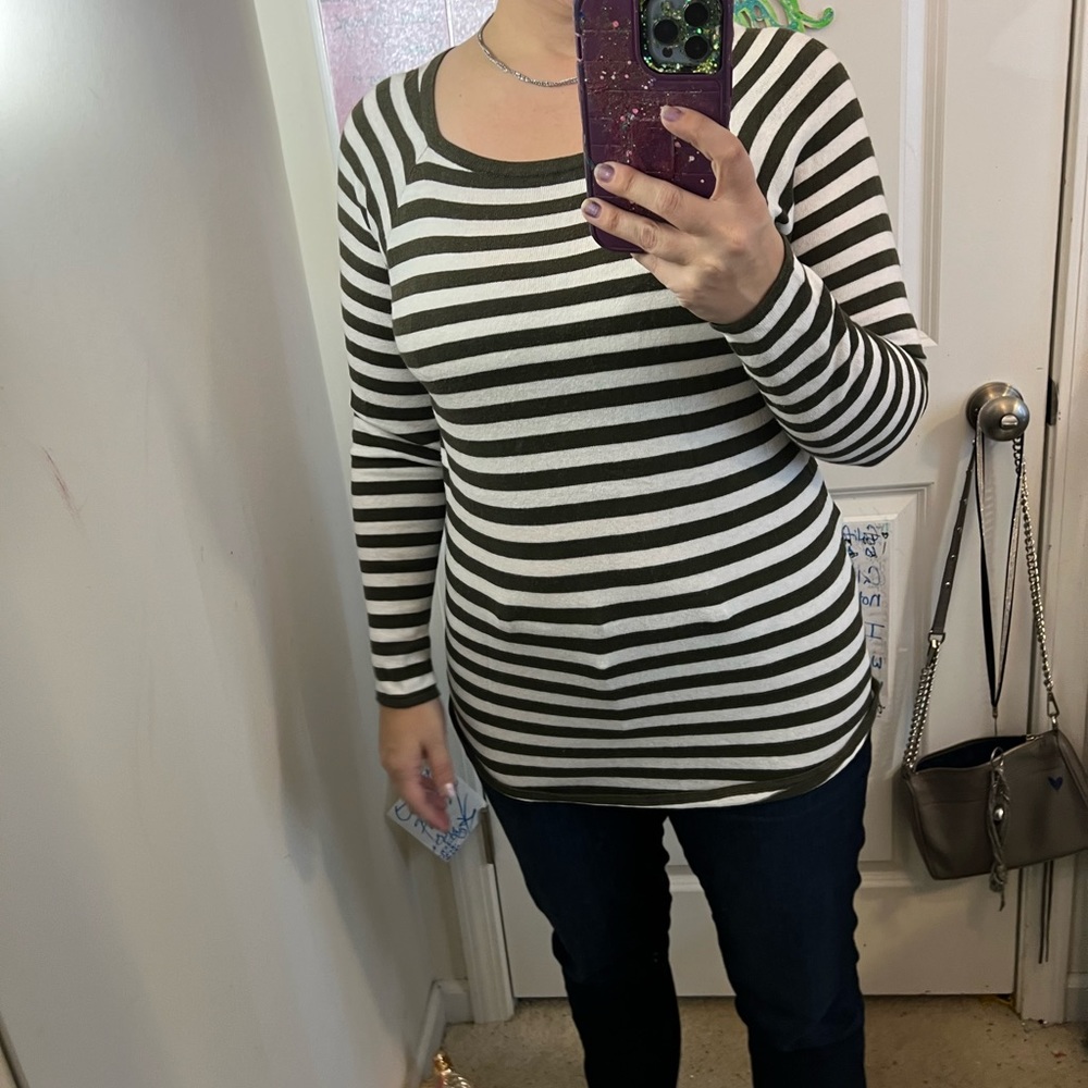 MICHAEL KHORS OLIVE GREEN WHITE STRIPE S SMALL EUC TOP SHIRT LONG